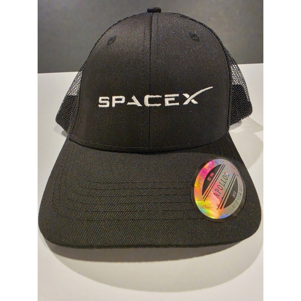 SpaceX Launch Day Black Trucker Hat Snapback Mesh Cap Apollo A112 Vintage Look